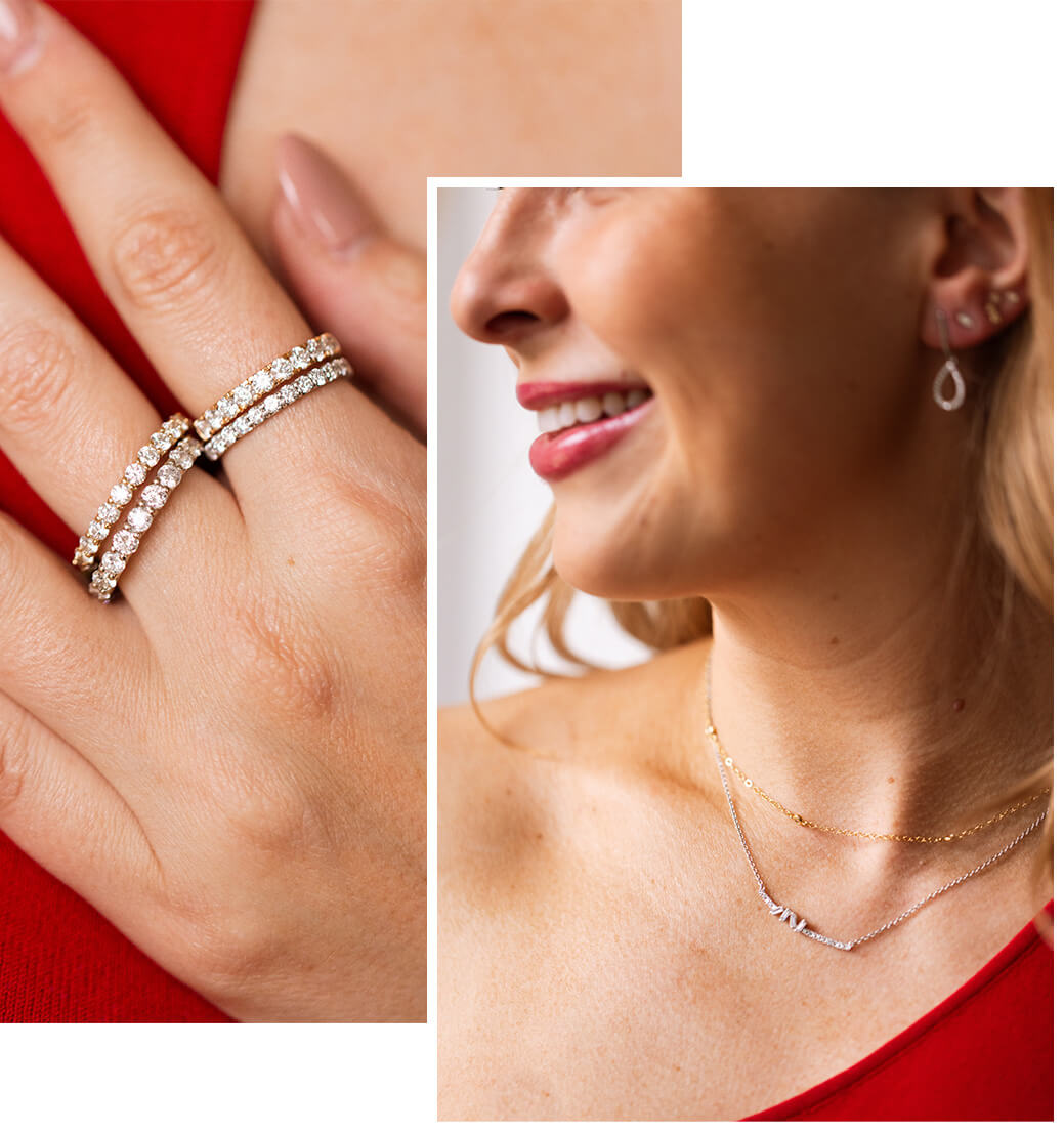 woman wearing custom diamond jewelry