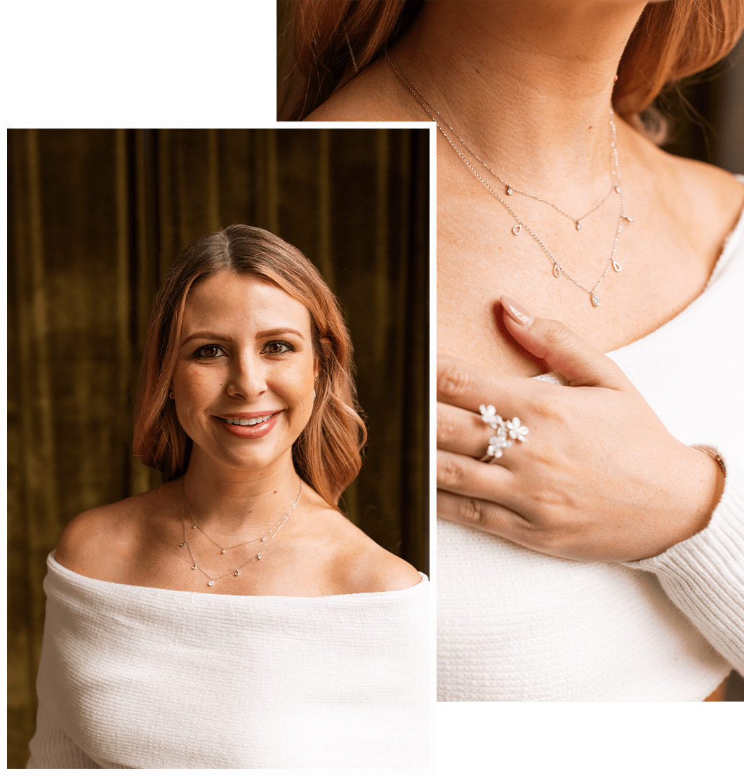 woman wearing diamond necklaces and matching ring