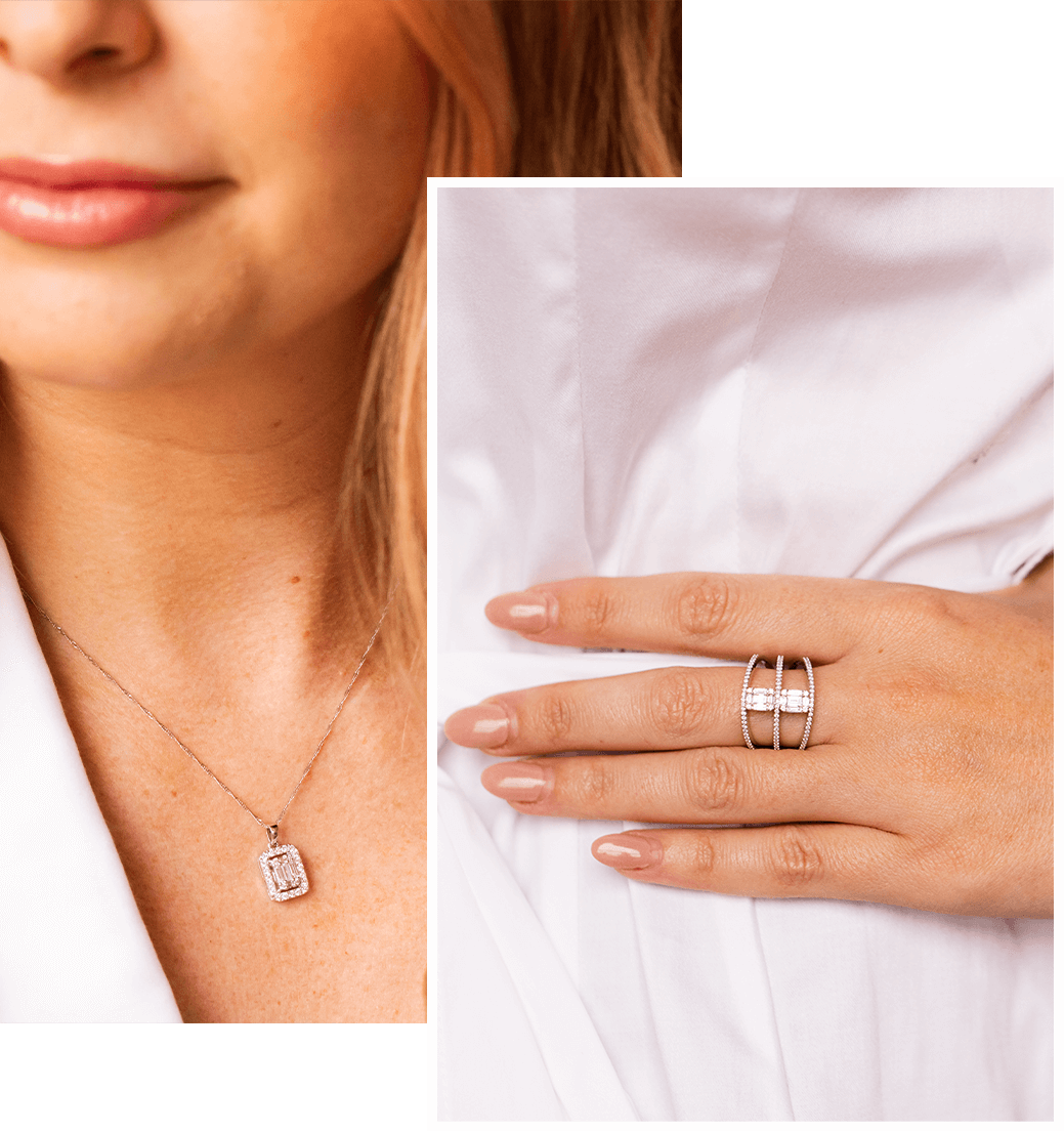 overlay of woman wearing matching diamond ring and necklace